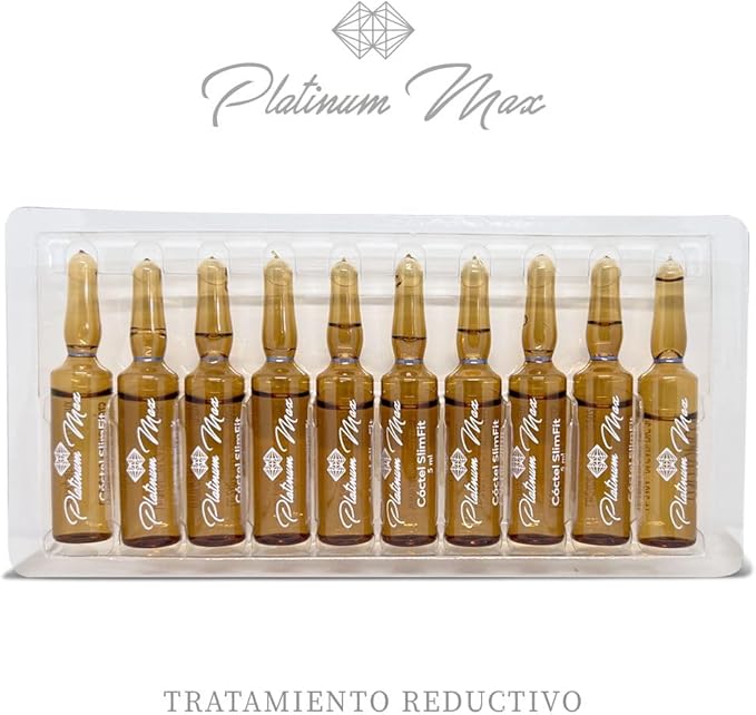 PLATINUMMAX 50 Ampolletas SlimFit 5 ml c/u – Fórmula Reductiva con CLA, Alcachofa y L-Carnitina para Tratamientos Corporales y Faciales; Presentación de Vidrio Esterilizado y Dosis Individual
