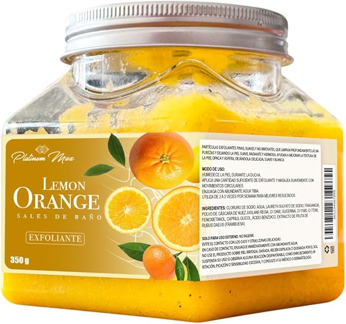PLATINUMMAX | Sales de Baño Exfoliante Corporal con Limón y Naranja, Frasco 350g, Exfoliante Natural para Cuidado de la Piel