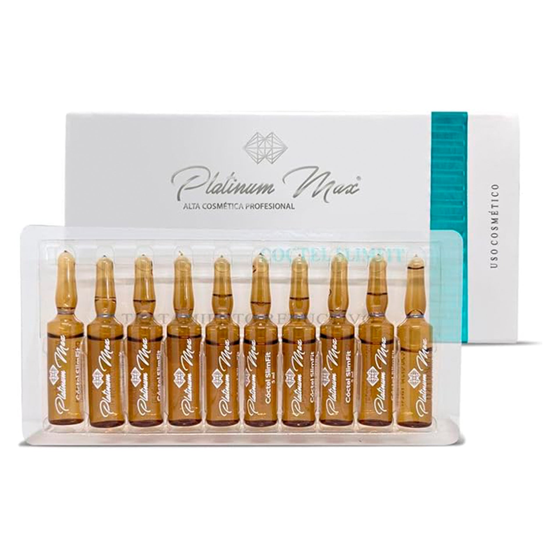 PLATINUMMAX 50 Ampolletas SlimFit 5 ml c/u – Fórmula Reductiva con CLA, Alcachofa y L-Carnitina para Tratamientos Corporales y Faciales; Presentación de Vidrio Esterilizado y Dosis Individual